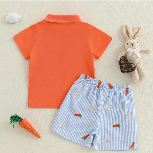 NIP Orange Polo Shirt and Striped Bunny Carrot Shorts Set Size 12-18m - Picture 3 of 4